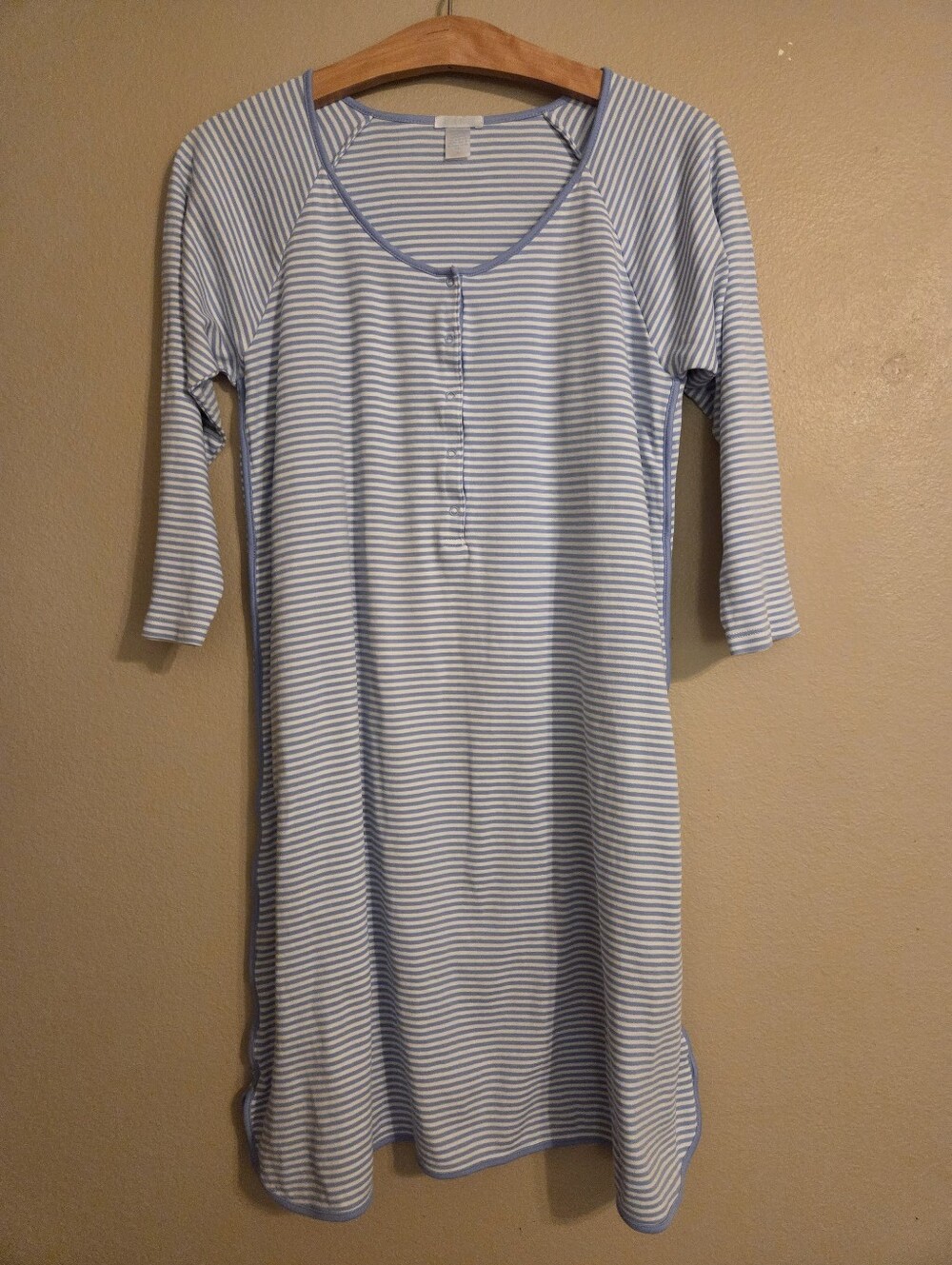 LAKE Blue White Stripe 100 % Pima Cotton Button Front Nightgown Pajama Dress S